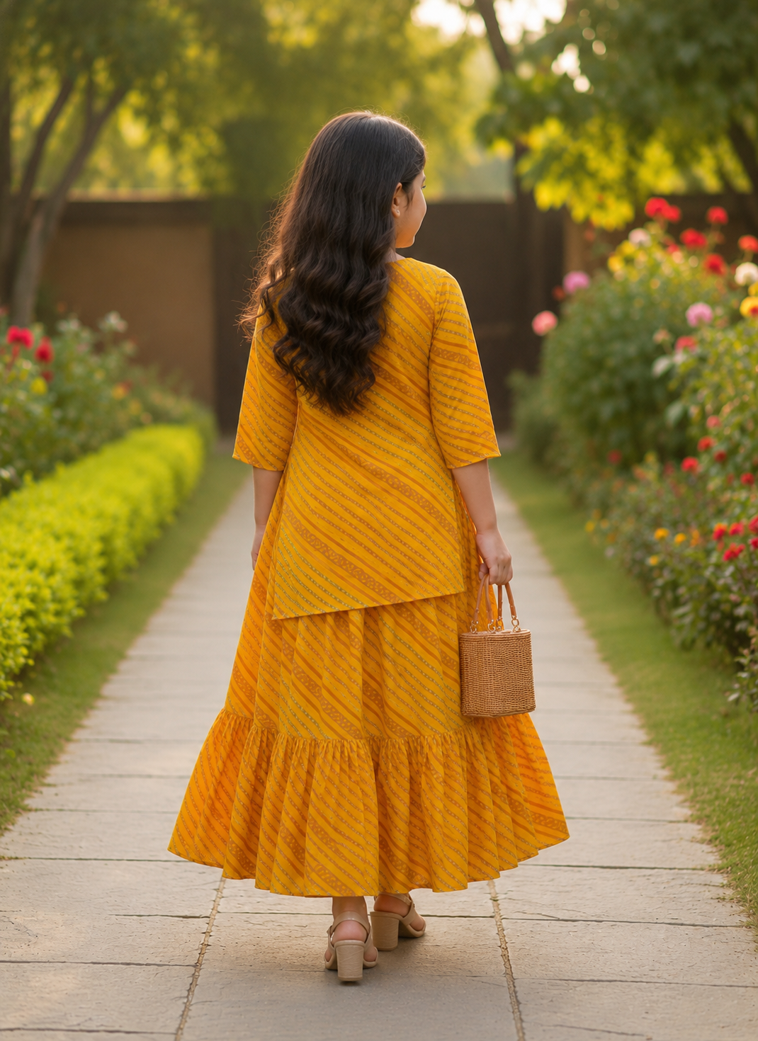 Girl's Mustard Yellow Printed Kurta with Matching Tiered Flared Skirt Co-ord Set