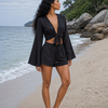 Women’s Black Textured Cotton Beach Wear Set with Bell Sleeve Tie-Up Top & Tassel Shorts