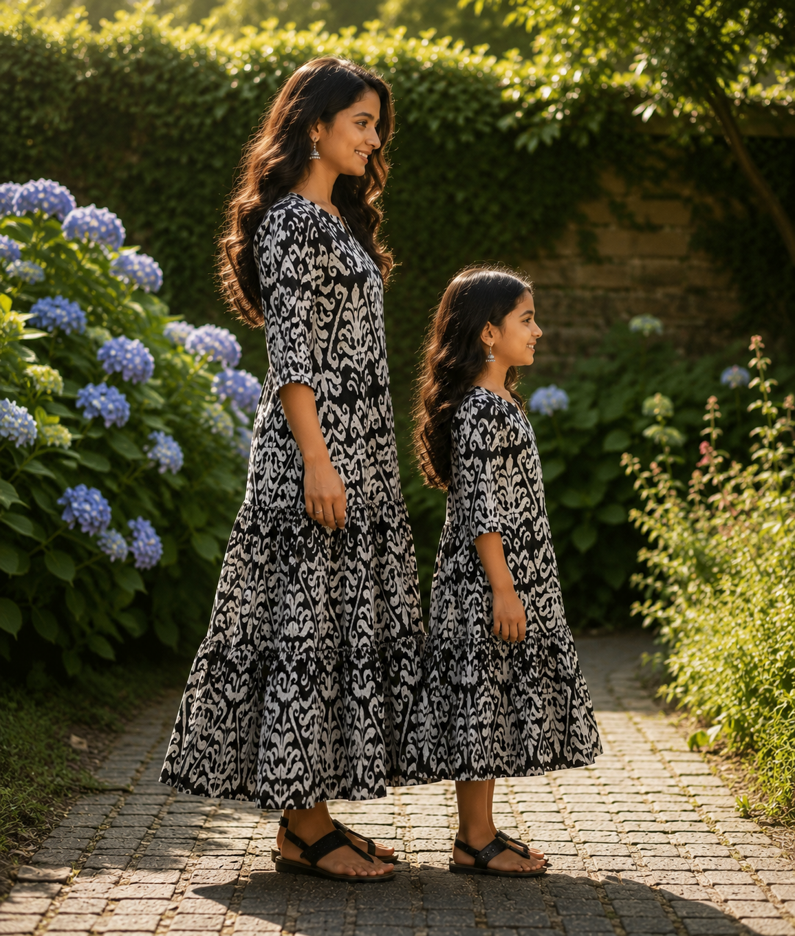 Mom & Daughter Black & White Printed Flared Kurta & Tiered Skirt Matching Co-ord Set