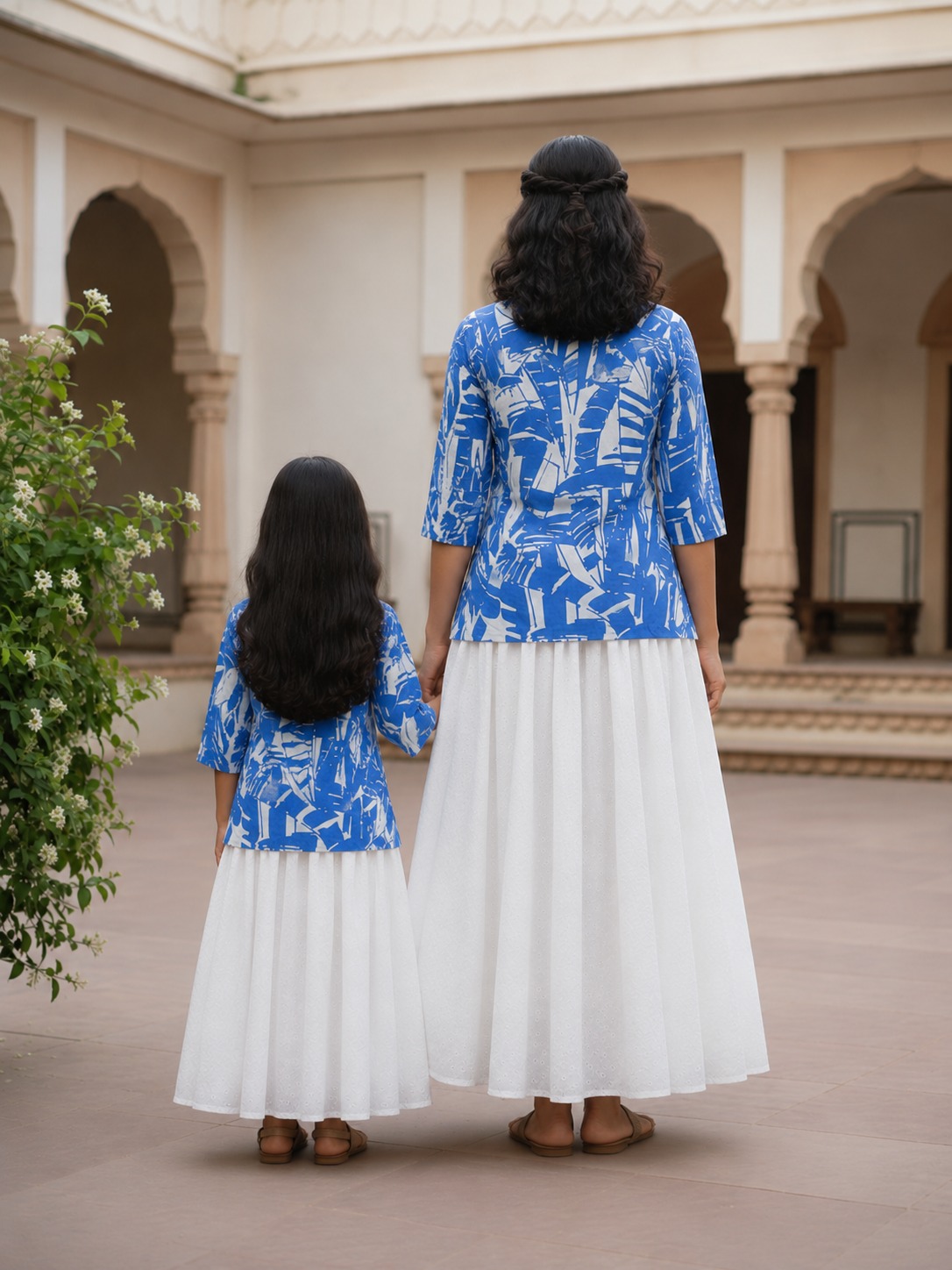 Mom & Daughter Blue Abstract Printed Kurta with White Flared Skirt Set