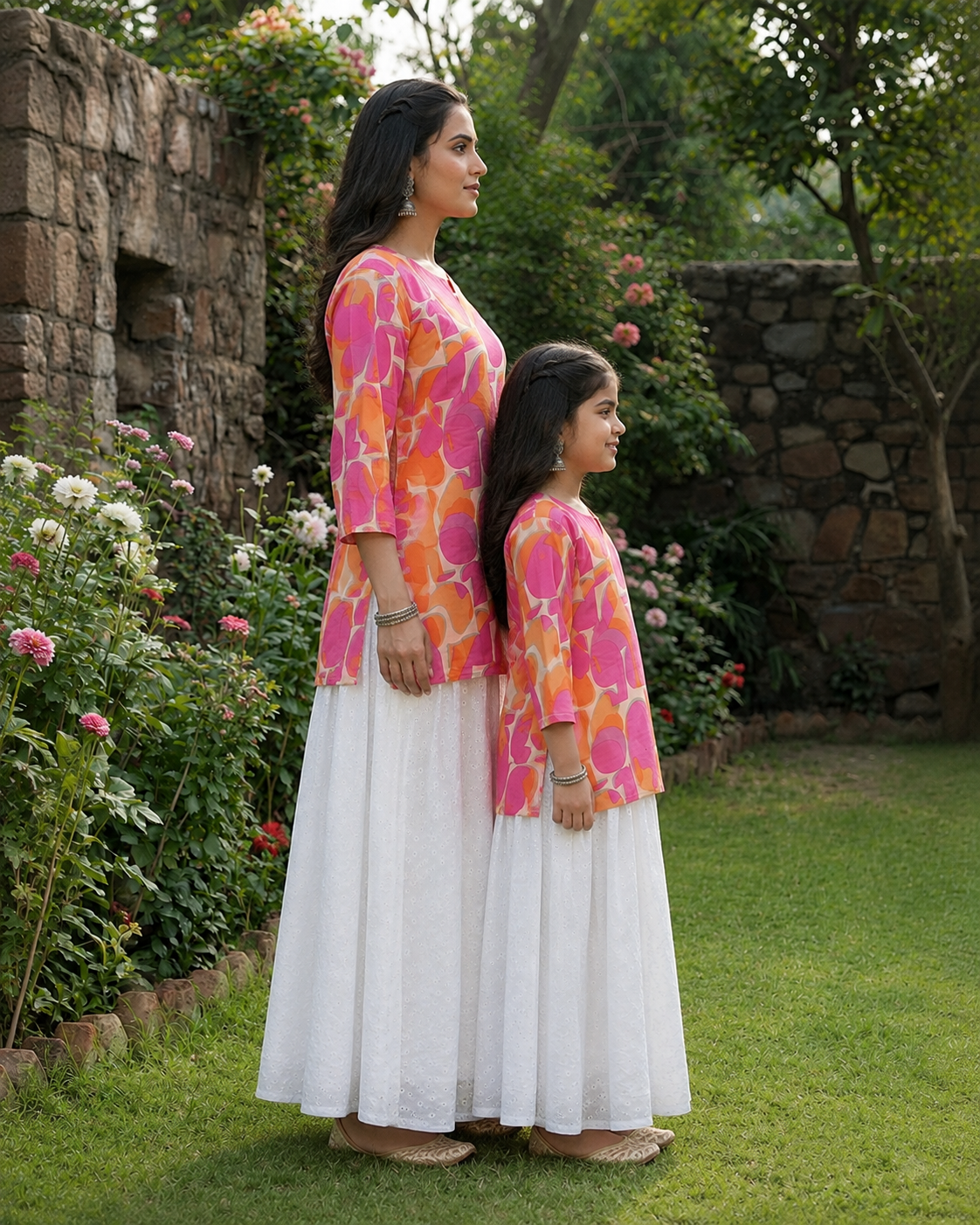 Mom & Daughter Pink Abstract Print Kurta with White Embroidered Skirt Set