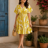 Women Yellow Tropical Leaf Printed Smocked Waist Flared Dress