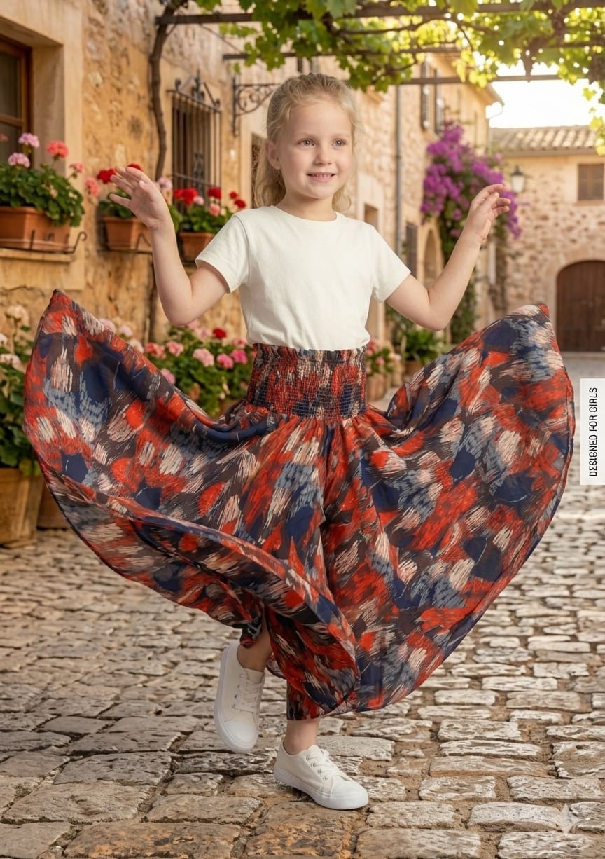 Baby Girl Abstract Printed Cotton Flared Palazzo Pants with Smocked Waist