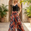 Elegant Abstract Printed Cotton Flared Palazzo Pants with Smocked Waist