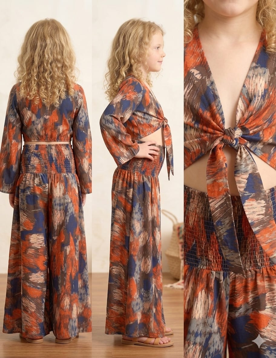 Baby Girls Abstract Printed Tie-Front Crop Top & Flared Palazzo Pant Co-ord Set