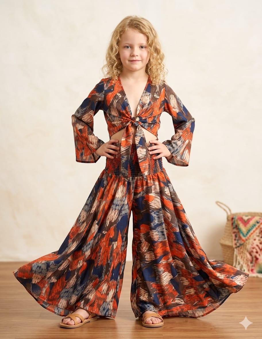 Baby Girls Abstract Printed Tie-Front Crop Top & Flared Palazzo Pant Co-ord Set