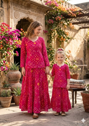 Mom & Me Pink Bandhej Printed Cotton Kurta with Flared Skirt Set