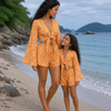 Mom & Daughter Orange Ethnic Printed Cotton Beach Wear Set with Bell Sleeve Tie-Up Top & Tassel Shorts