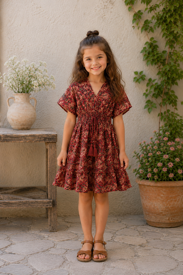 Baby Girls Maroon Floral Printed Smocked Waist Flared Dress