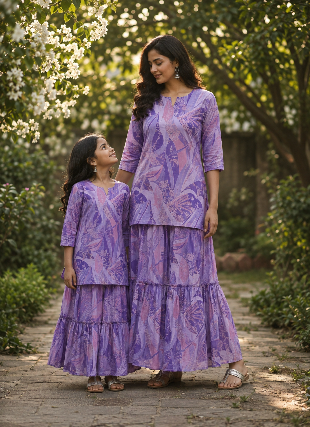 Mom & Daughter Lavender Purple Printed Kurta & Tiered Skirt Matching Co-ord Set