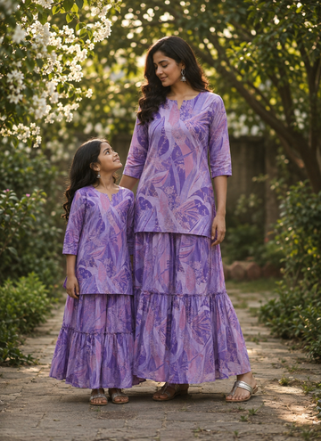 Mom & Daughter Lavender Purple Printed Kurta & Tiered Skirt Matching Co-ord Set