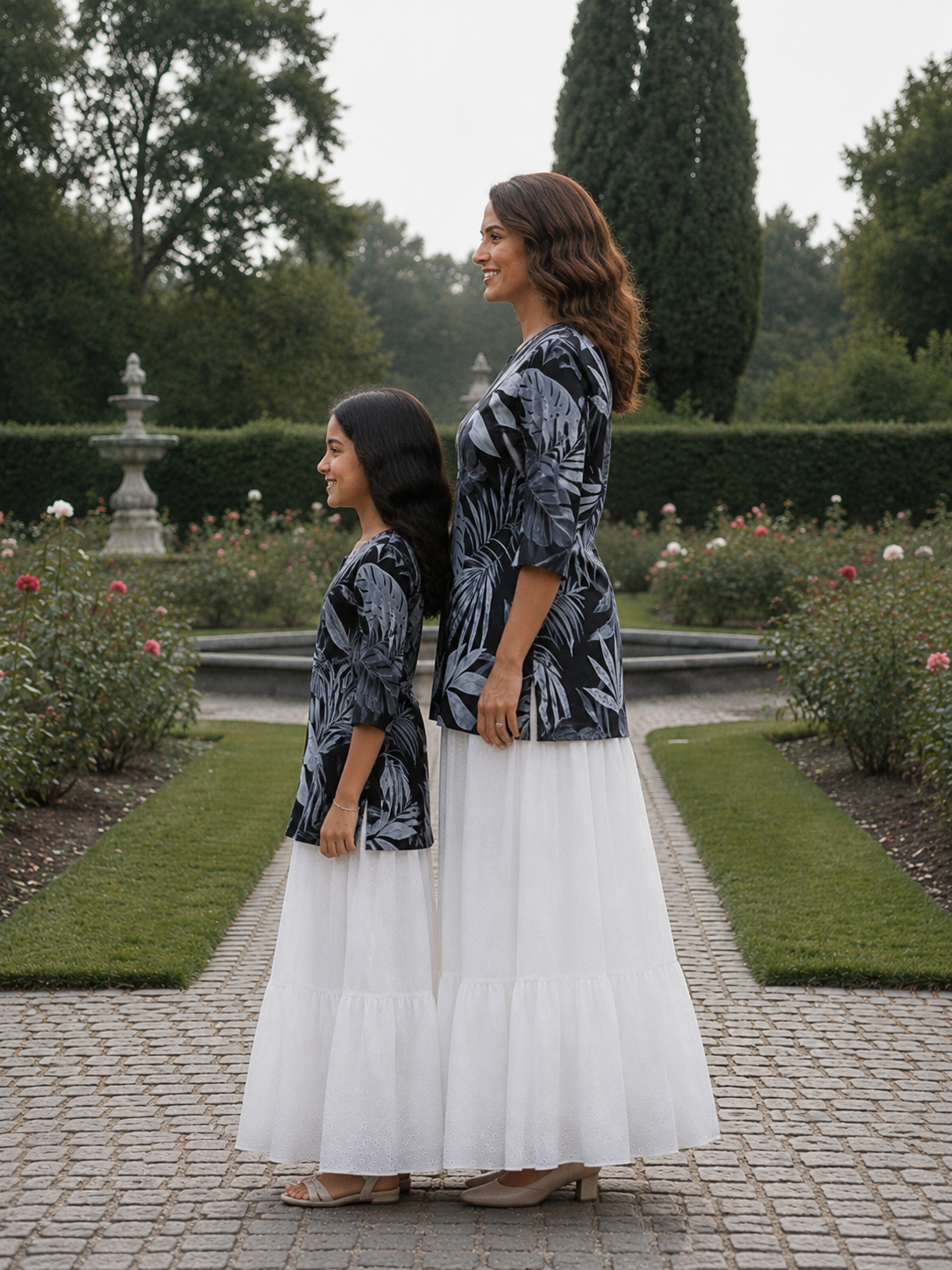 Mom & Daughter Black Leaf Print Kurta with White Tiered Skirt Set