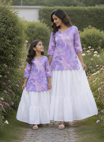 Mom & Daughter Lavender Floral Print Kurta with White Tiered Skirt Set