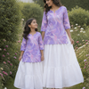 Mom & Daughter Lavender Floral Print Kurta with White Tiered Skirt Set