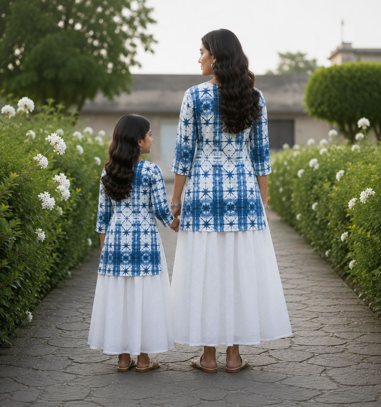 Mom & Daughter Blue Shibori Print Kurta with White Flared Skirt Set