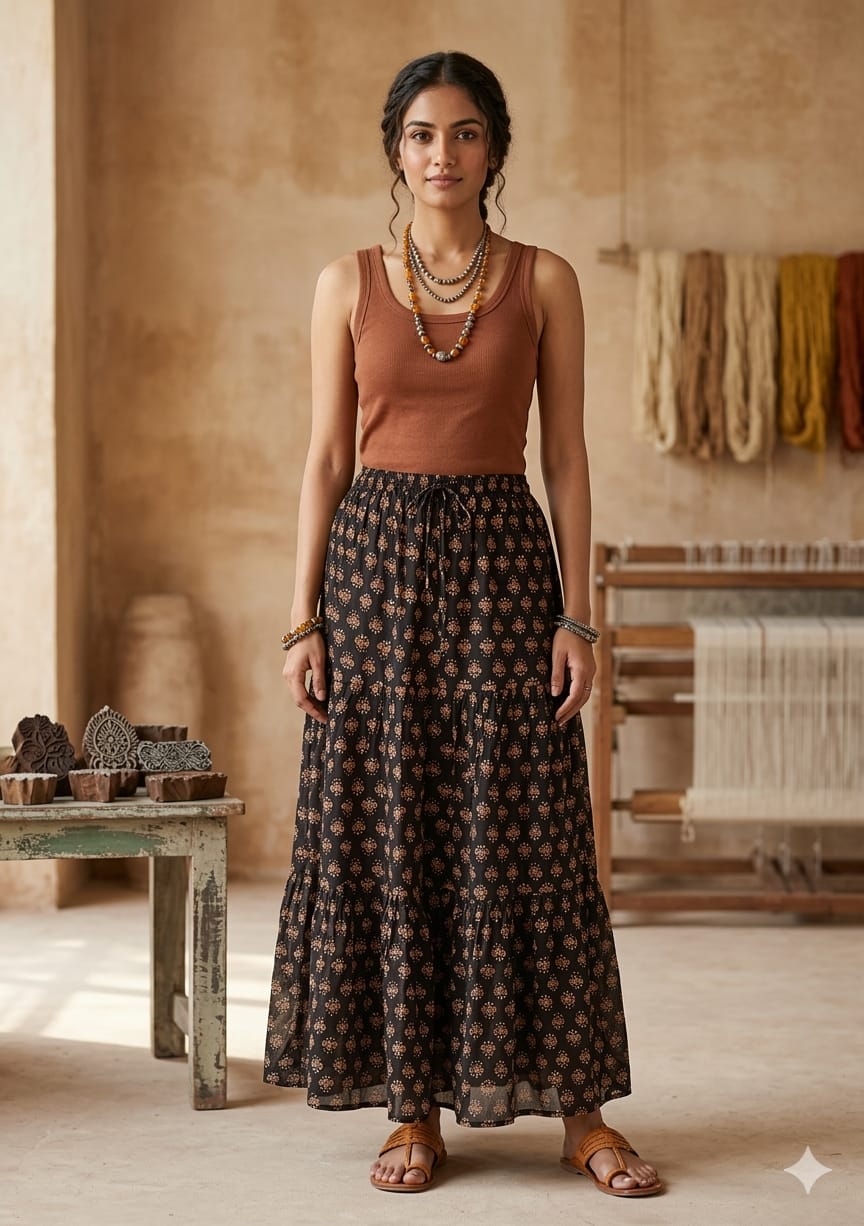Women’s Black Floral Printed Cotton Tiered Maxi Skirt