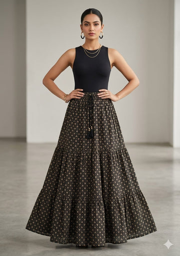Women’s Black Gold Booti Printed Cotton Tiered Maxi Skirt