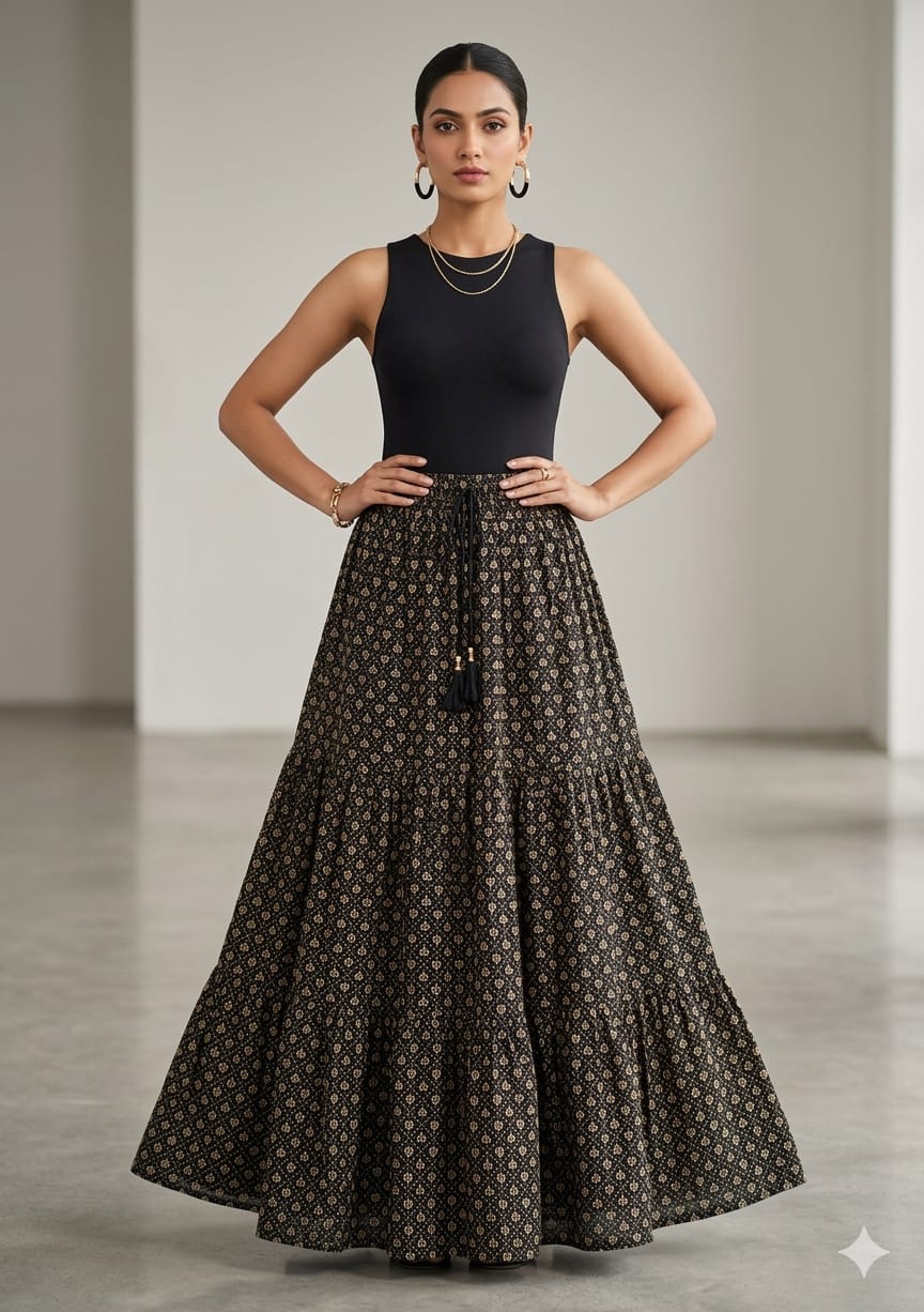 Women’s Black Gold Booti Printed Cotton Tiered Maxi Skirt