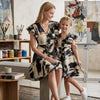 Mom & Me Black Abstract Printed Cotton Umbrella Style A-Line Dress with Drawstring Waist
