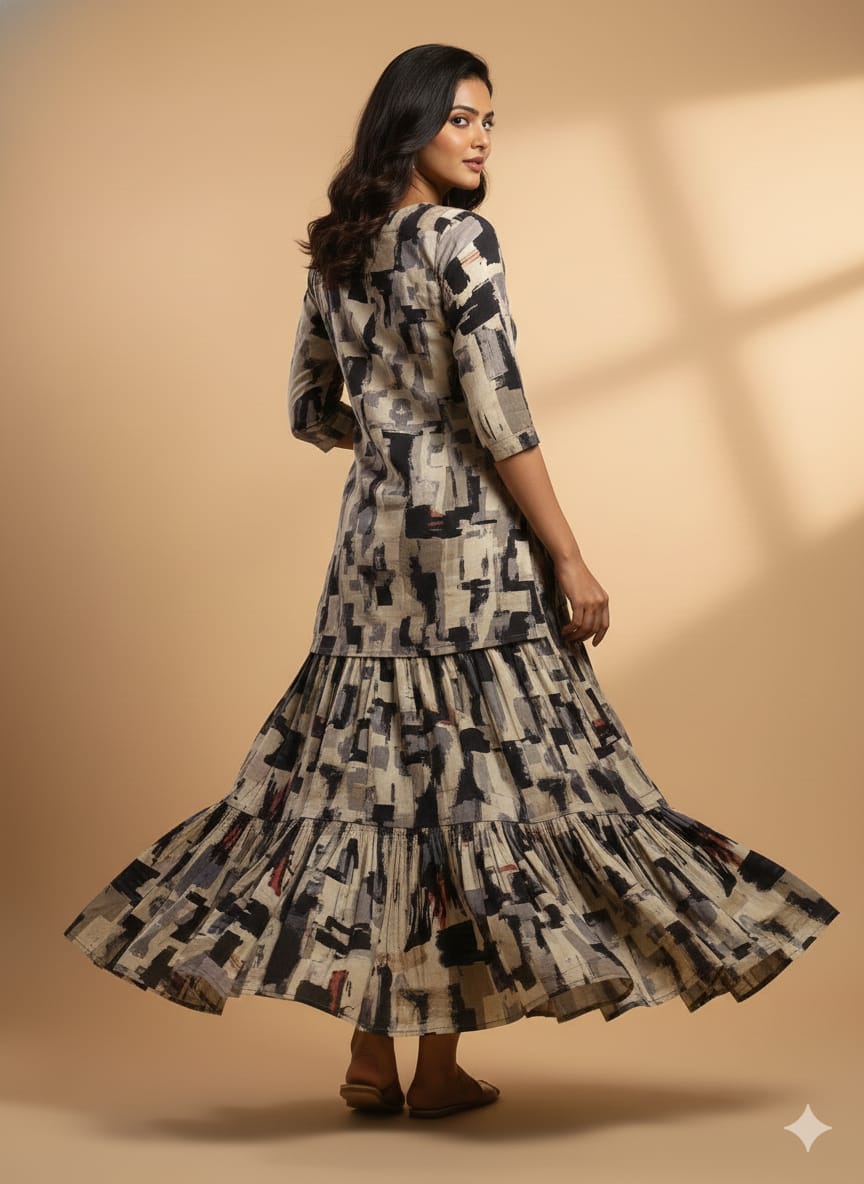 Women’s Artistic Abstract Printed Cotton Kurta with Flared Skirt Set