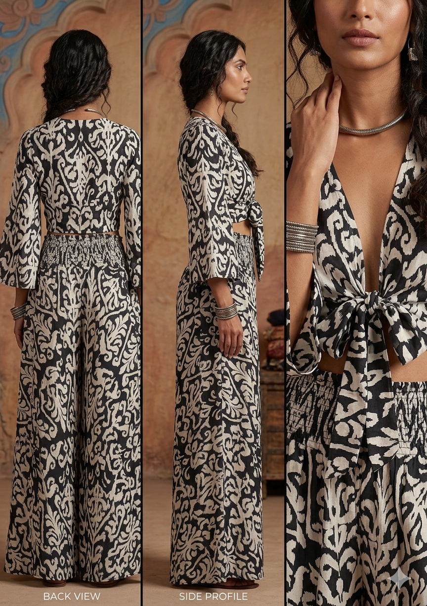 Women’s Black & White Ikat Print Co-Ord Set with Tie-Up Crop Top & Flared Palazzo