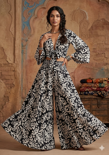 Women’s Black & White Ikat Print Co-Ord Set with Tie-Up Crop Top & Flared Palazzo