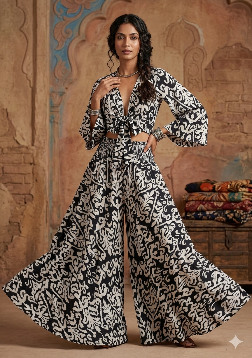 Women’s Black & White Ikat Print Co-Ord Set with Tie-Up Crop Top & Flared Palazzo