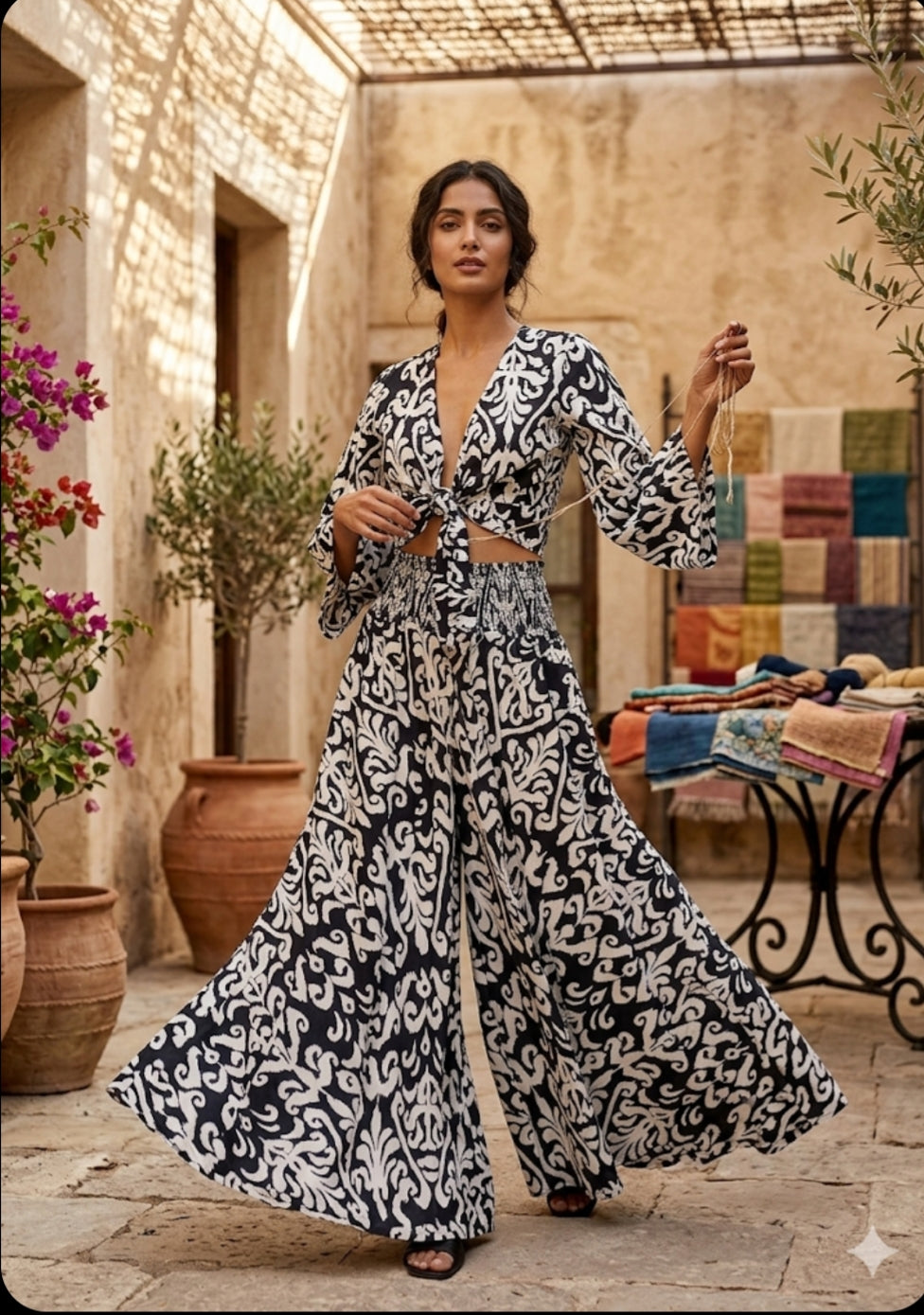 Women’s Black & White Ikat Print Co-Ord Set with Tie-Up Crop Top & Flared Palazzo
