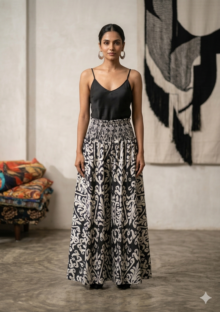 Women's Ikat Print Smocked Waist Flared Maxi Skirt