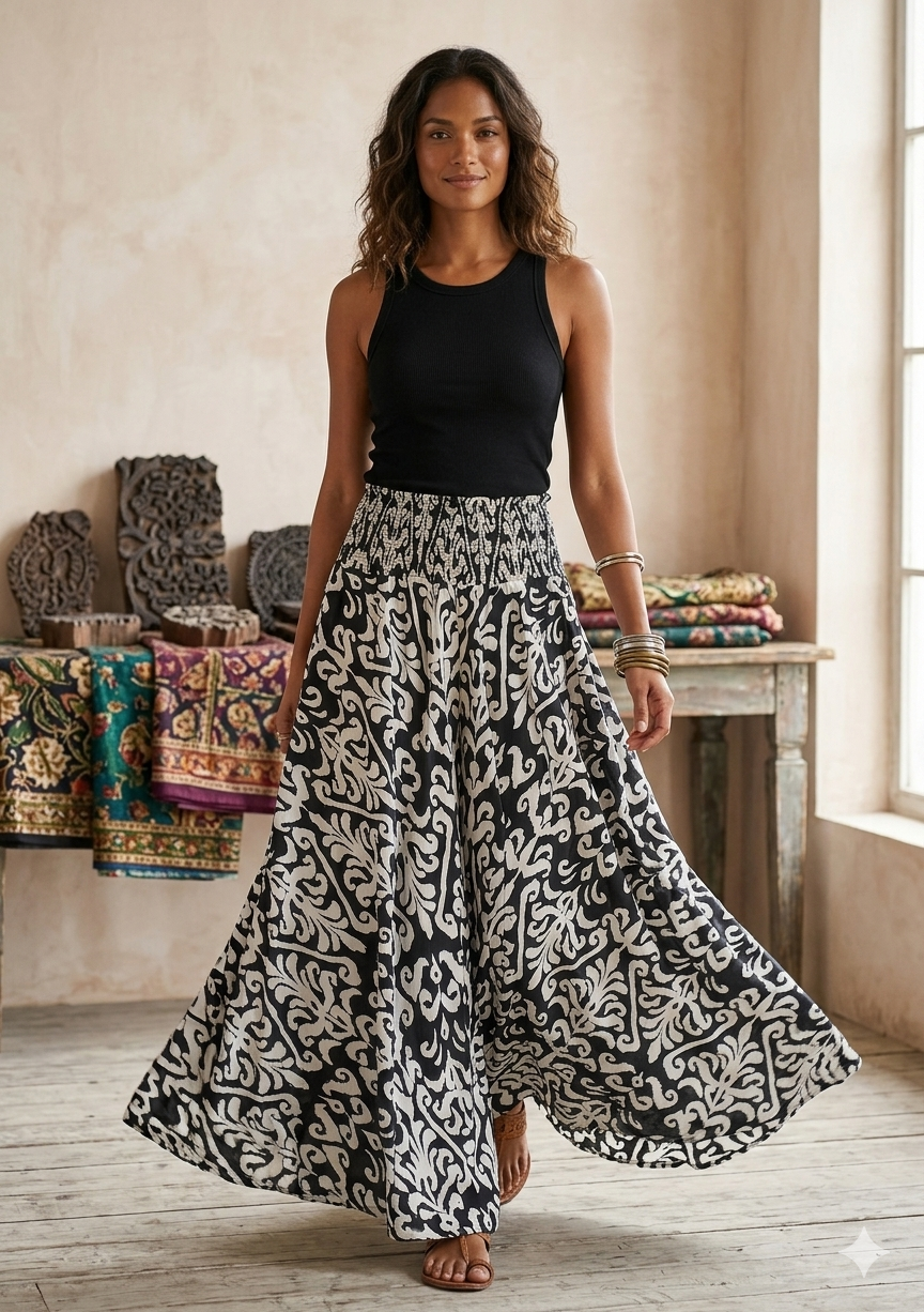 Women's Ikat Print Smocked Waist Flared Maxi Skirt