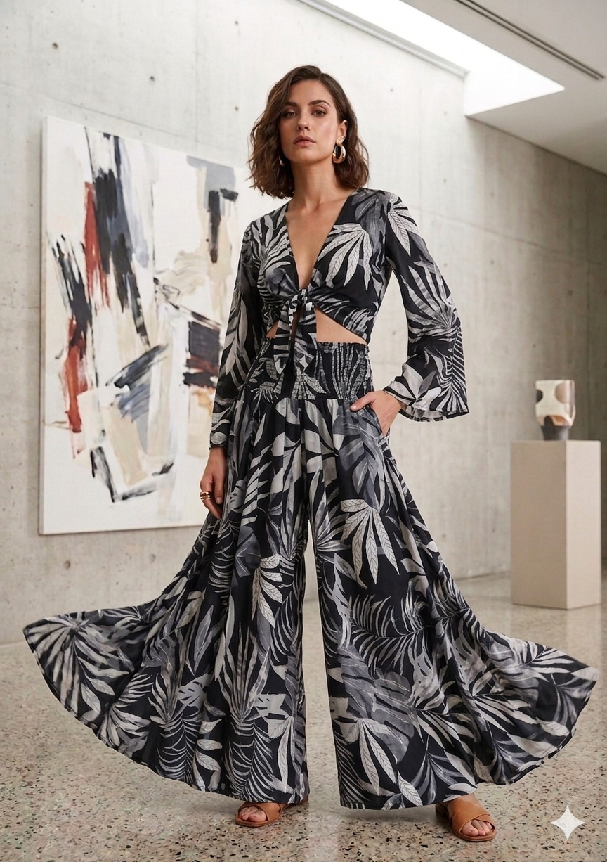 Women’s Black Tropical Leaf Print Co-Ord Set with Tie-Up Crop Top & Flared Palazzo