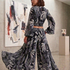 Women’s Black Tropical Leaf Print Co-Ord Set with Tie-Up Crop Top & Flared Palazzo