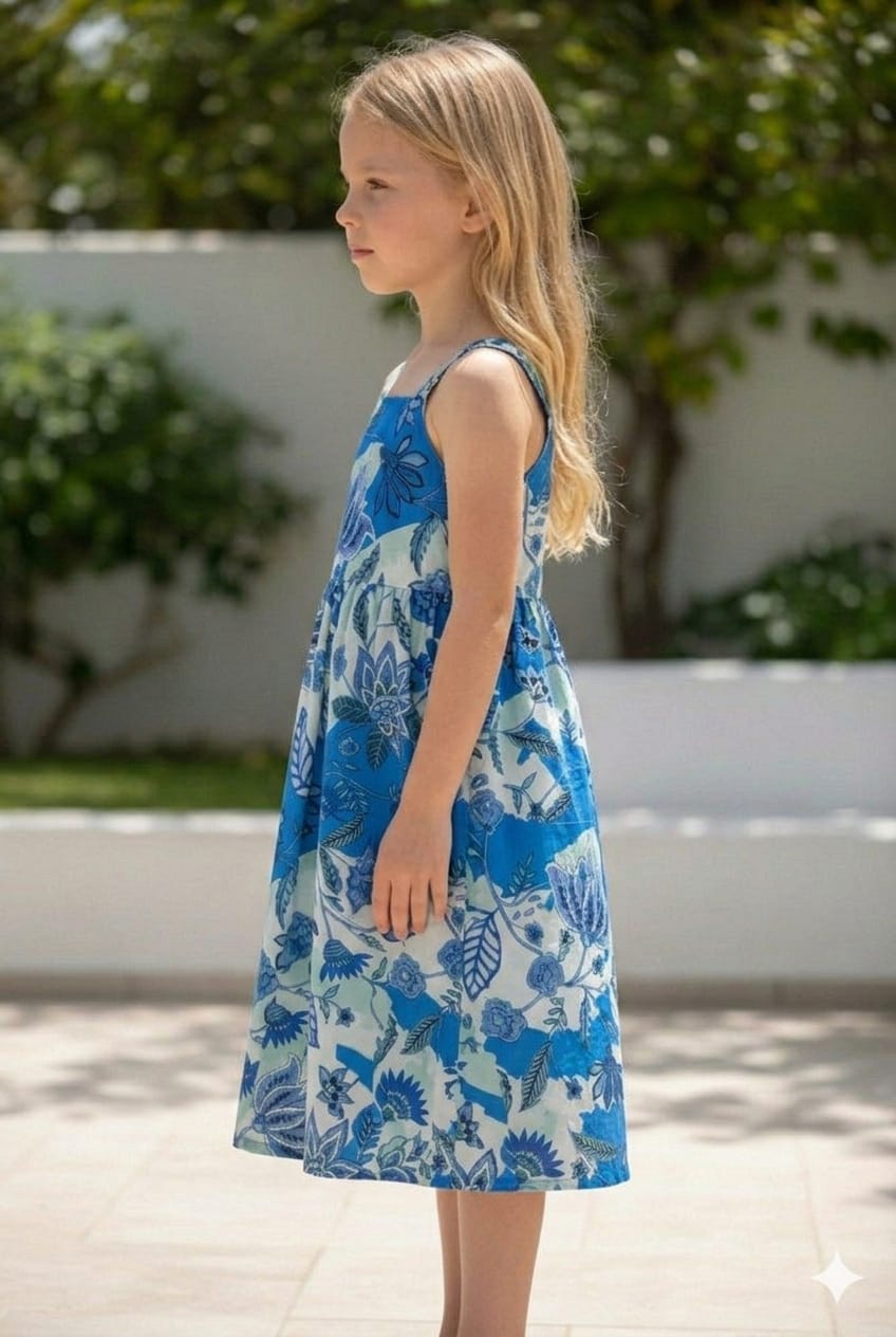 Baby Girls Cotton Blue Floral Printed Strappy Midi A-Line Dress with Back Button-Down Style