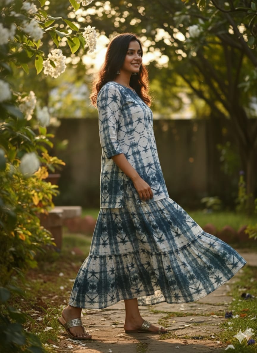 Women’s Blue Tie-Dye Rayon Kurta Set with Flared Skirt