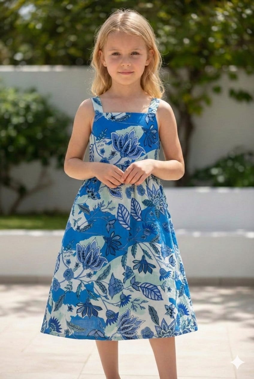 Baby Girls Cotton Blue Floral Printed Strappy Midi A-Line Dress with Back Button-Down Style