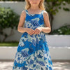 Baby Girls Cotton Blue Floral Printed Strappy Midi A-Line Dress with Back Button-Down Style
