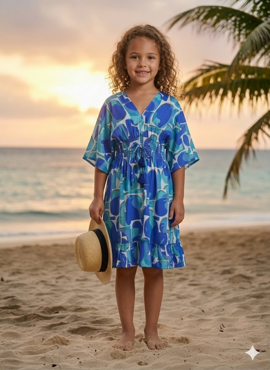 Girls Blue Printed Kaftan Dress with Smocked Waist & Tassel Detail