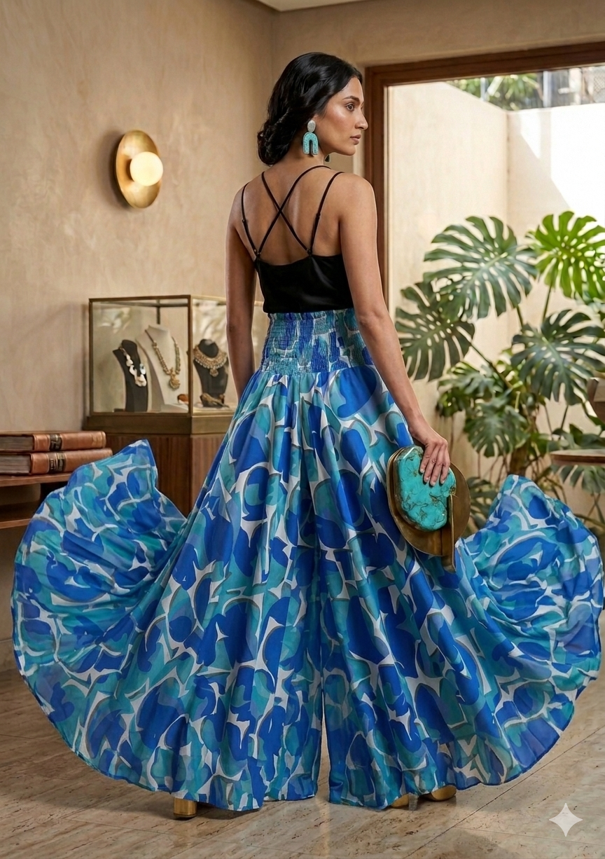 Women's Blue Abstract Print Smocked Waist Flared Maxi Skirt