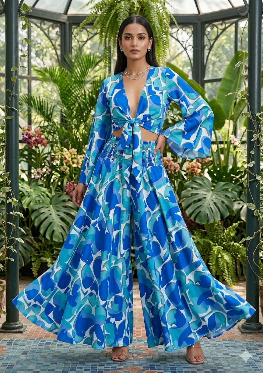 Women’s Blue Abstract Print Co-Ord Set with Tie-Up Crop Top & Flowy Palazzo Pants