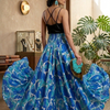 Women's Blue Abstract Print Smocked Waist Flared Maxi Skirt