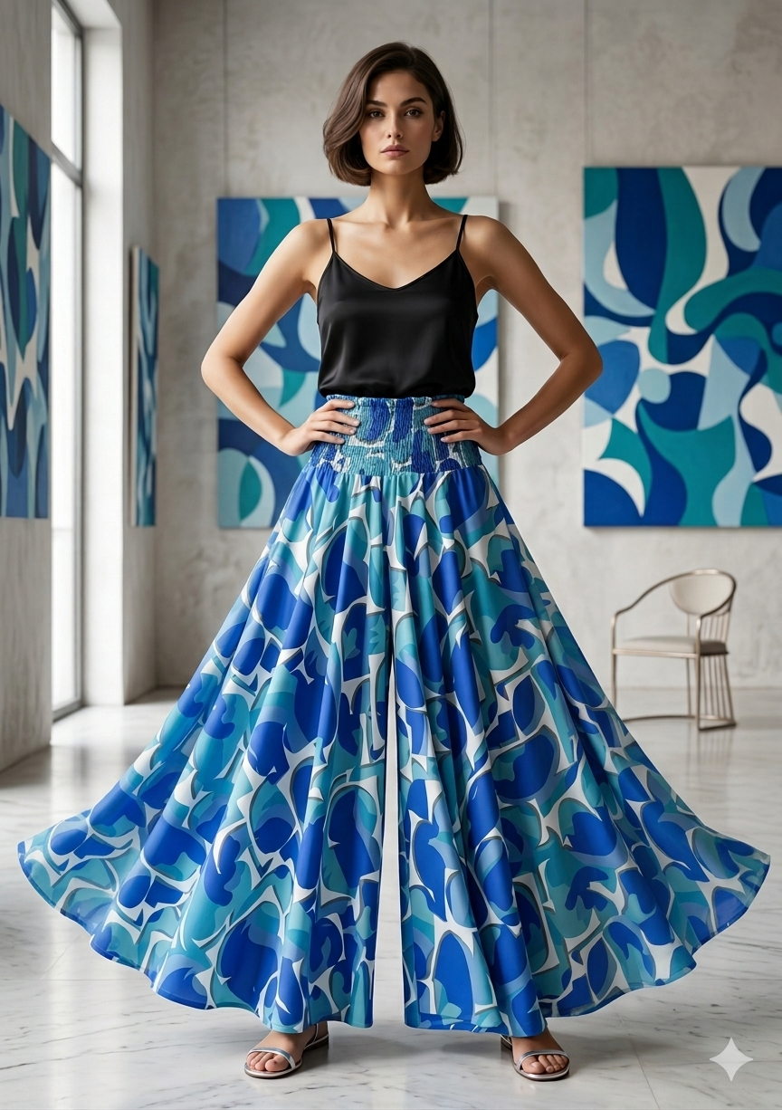 Women's Blue Abstract Print Smocked Waist Flared Maxi Skirt
