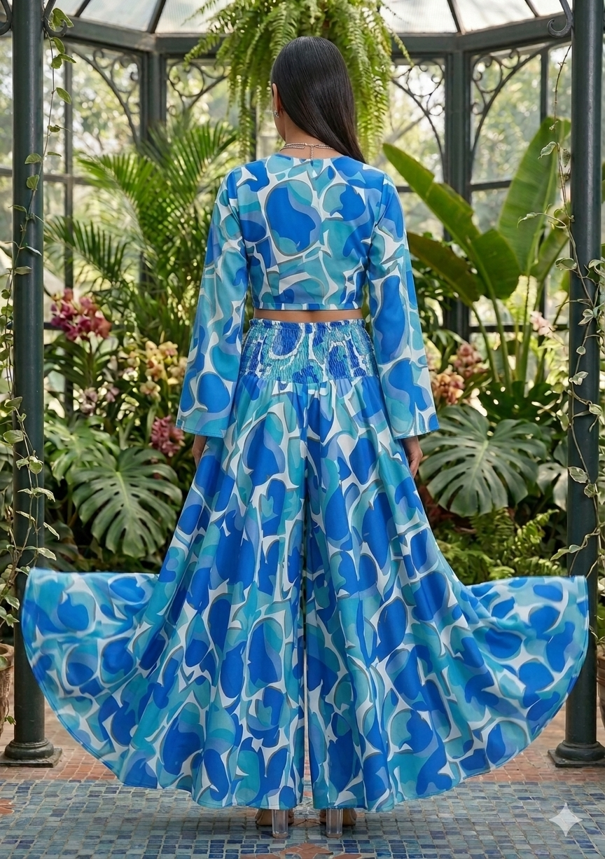 Women’s Blue Abstract Print Co-Ord Set with Tie-Up Crop Top & Flowy Palazzo Pants