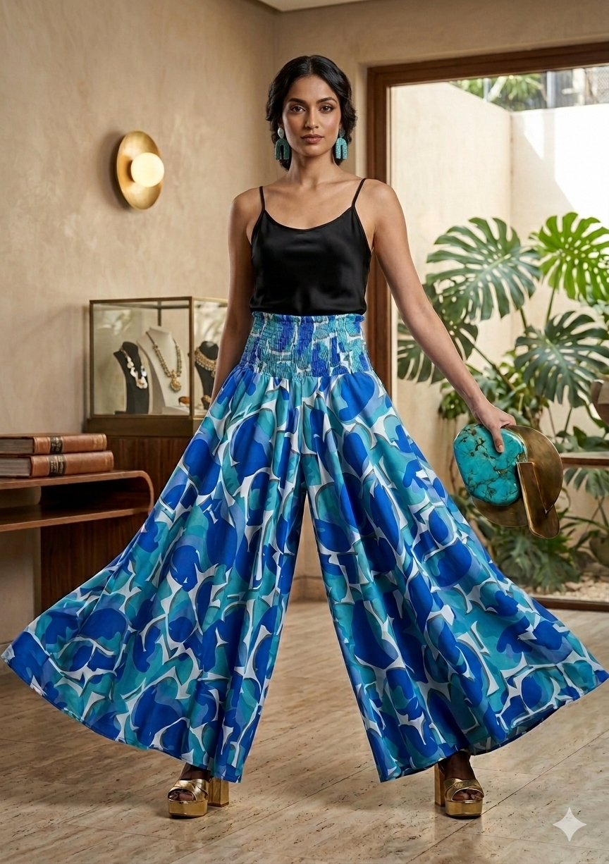 Women's Blue Abstract Print Smocked Waist Flared Maxi Skirt