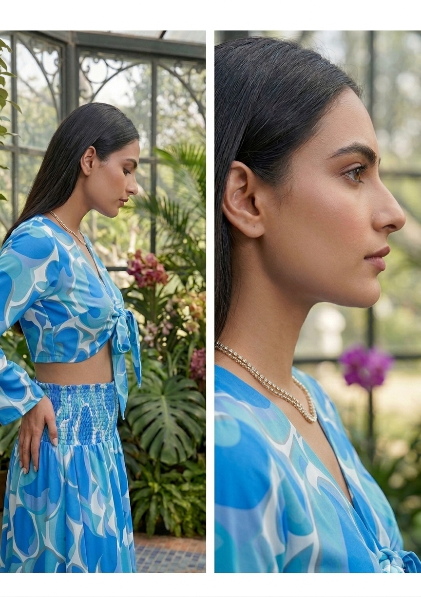 Women’s Blue Abstract Print Co-Ord Set with Tie-Up Crop Top & Flowy Palazzo Pants