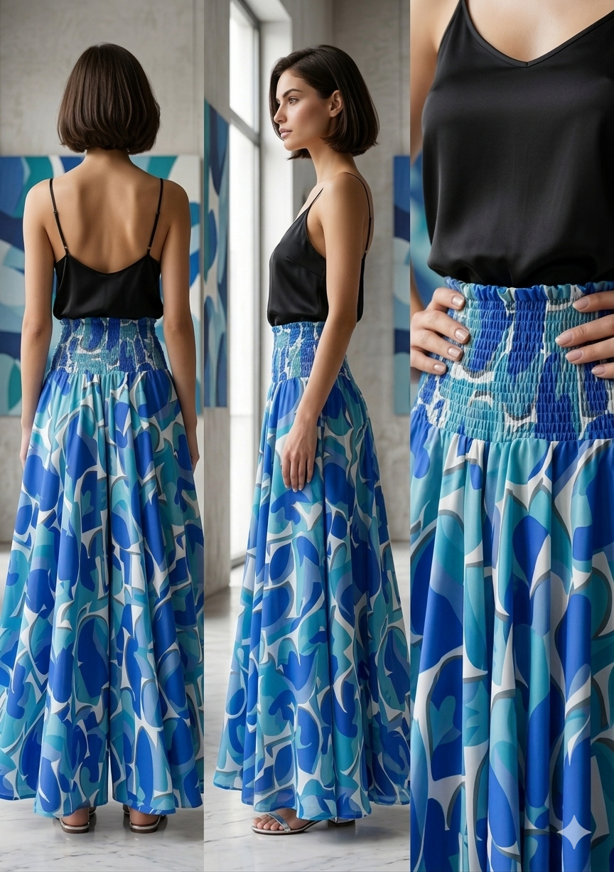 Women's Blue Abstract Print Smocked Waist Flared Maxi Skirt