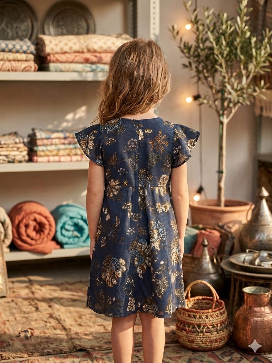 Baby Girls Blue Floral Printed Chanderi Umbrella Style A-Line Dress with Flutter Sleeves