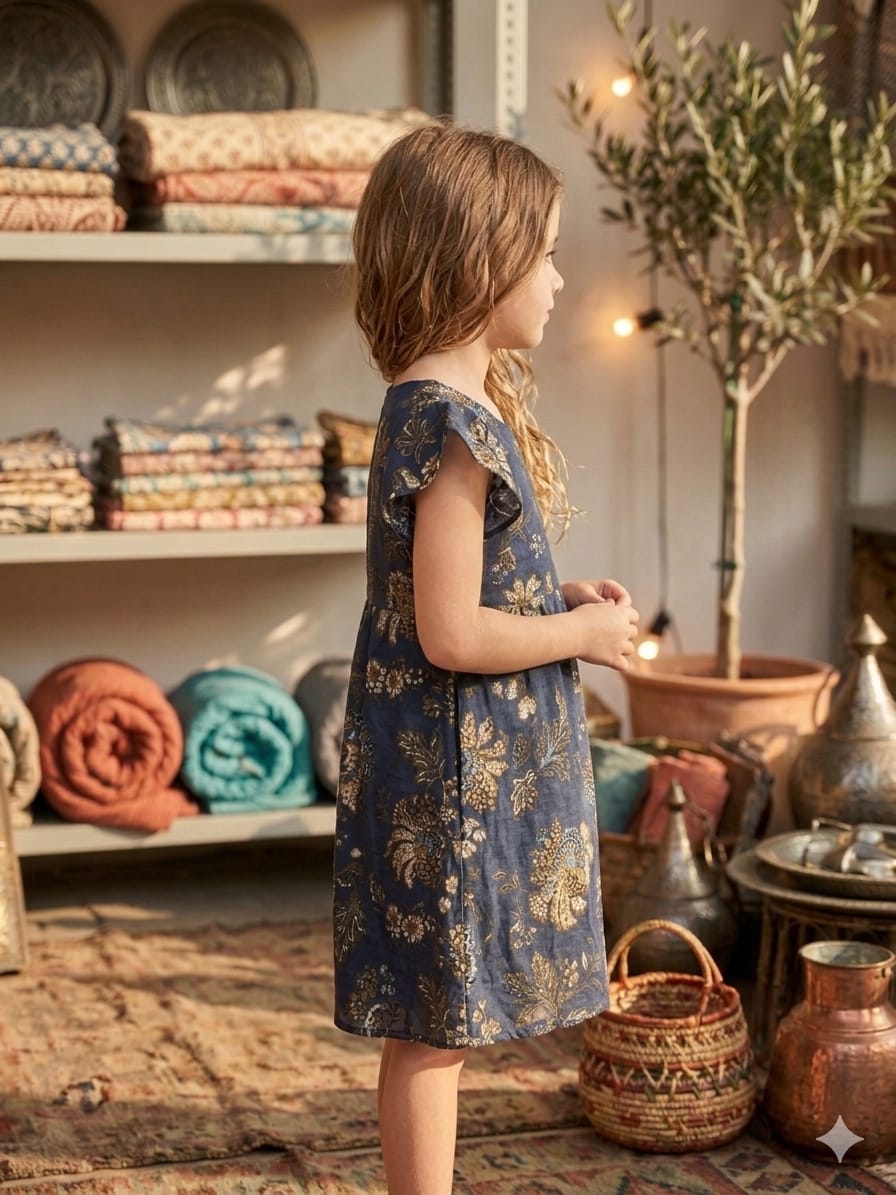 Mom & Me Blue Floral Printed Chanderi Umbrella Style A-Line Dress with Drawstring Waist