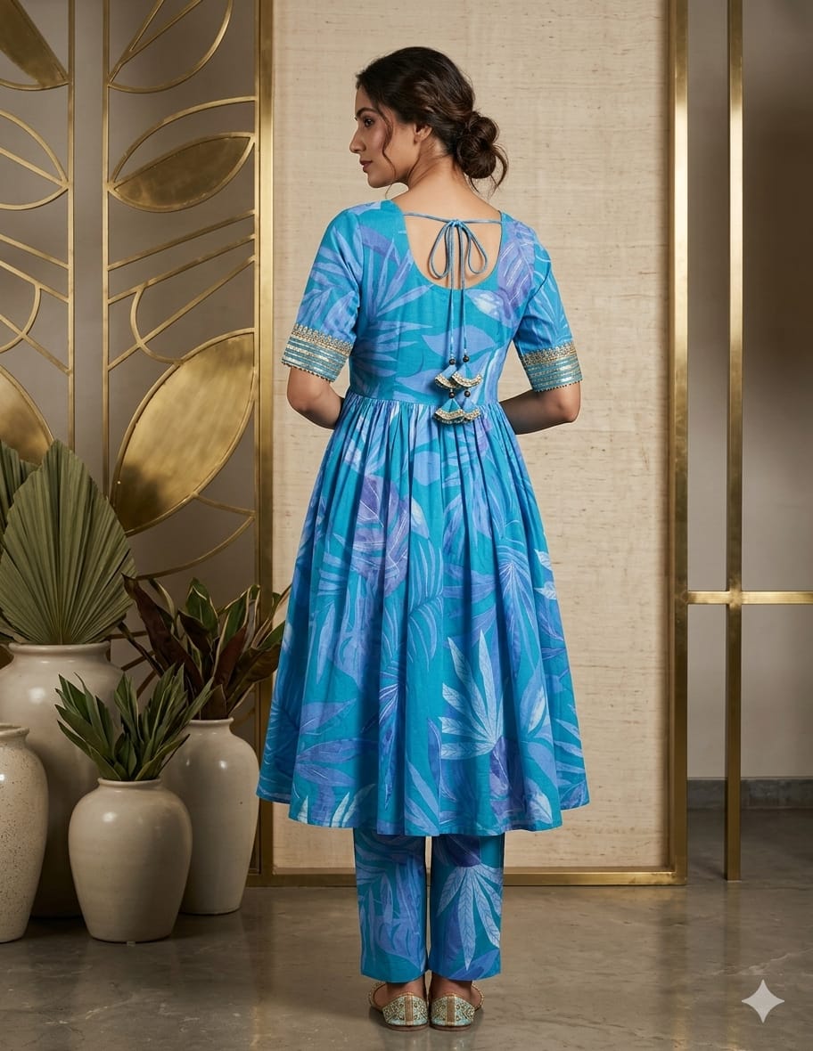 Women’s Blue Leaf Print Cotton Anarkali Kurta Set