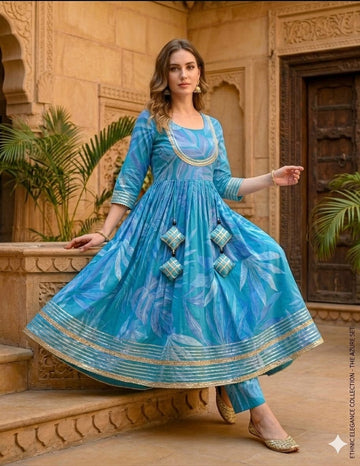 Women’s Blue Leaf Print Cotton Anarkali Kurta Set