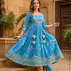Women’s Blue Leaf Print Cotton Anarkali Kurta Set